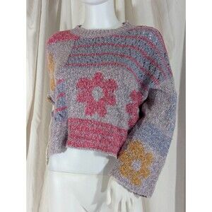 Boho Floral Knit Oversized Cropped Sweater Retro Pastels (Moon & Madison XS)